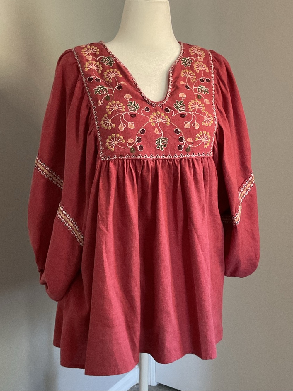Max Studio Embroidered Crimson Peasant Blouse